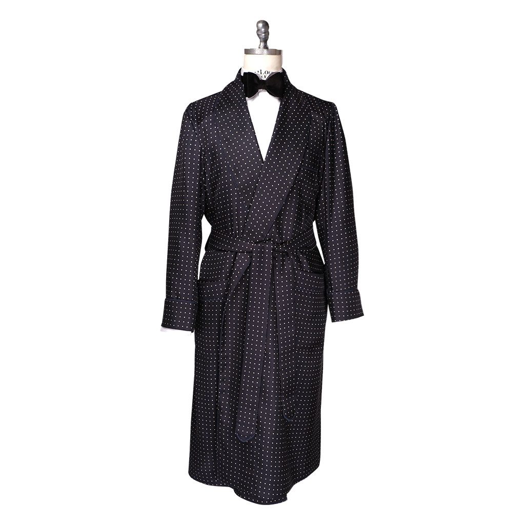 Unlined Luxury Handprinted Silk Dressing Gown - Navy Spot - Viola Milano