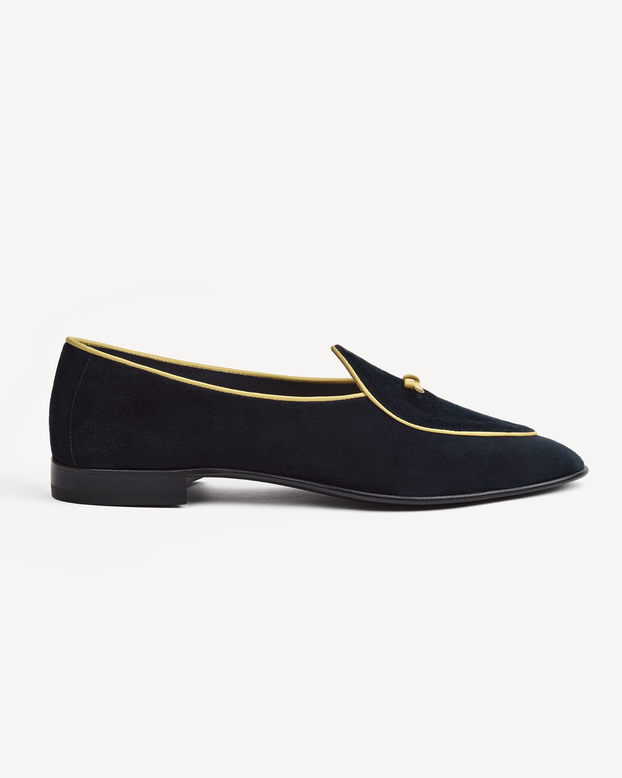 Unlined Belgian Suede Loafer - Black with Yellow Pipe | Viola Milano